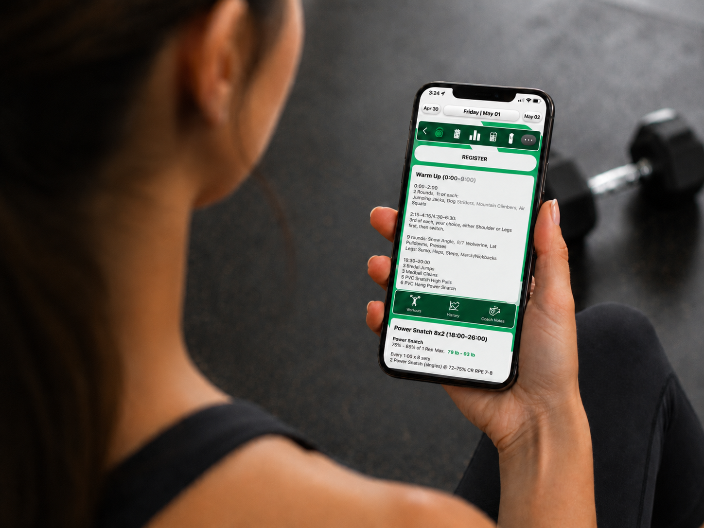 The CrossFit Saol member app showing the day's workout and class booking