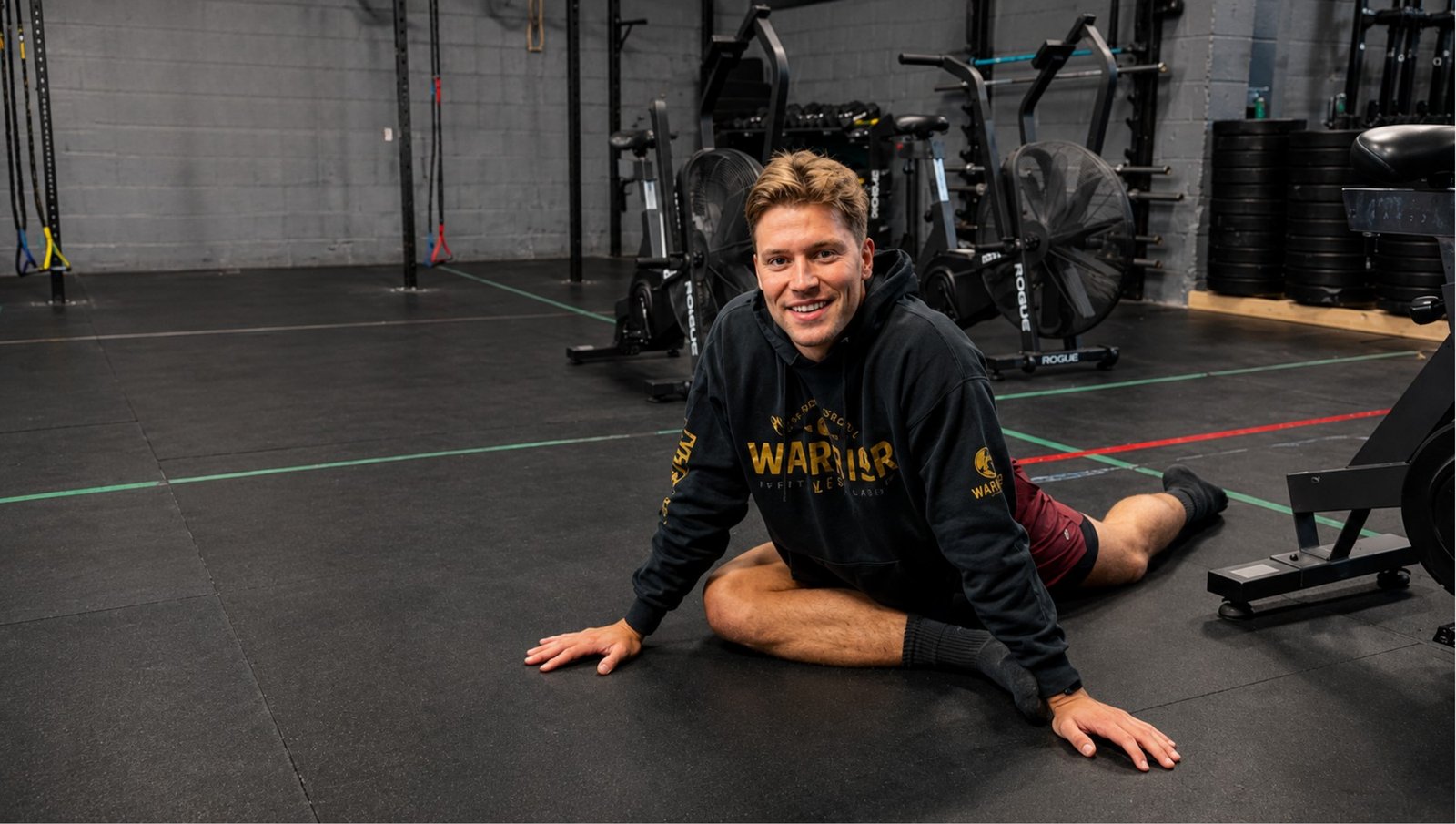 A CrossFit Saol member stretching and recovering on the gym floor